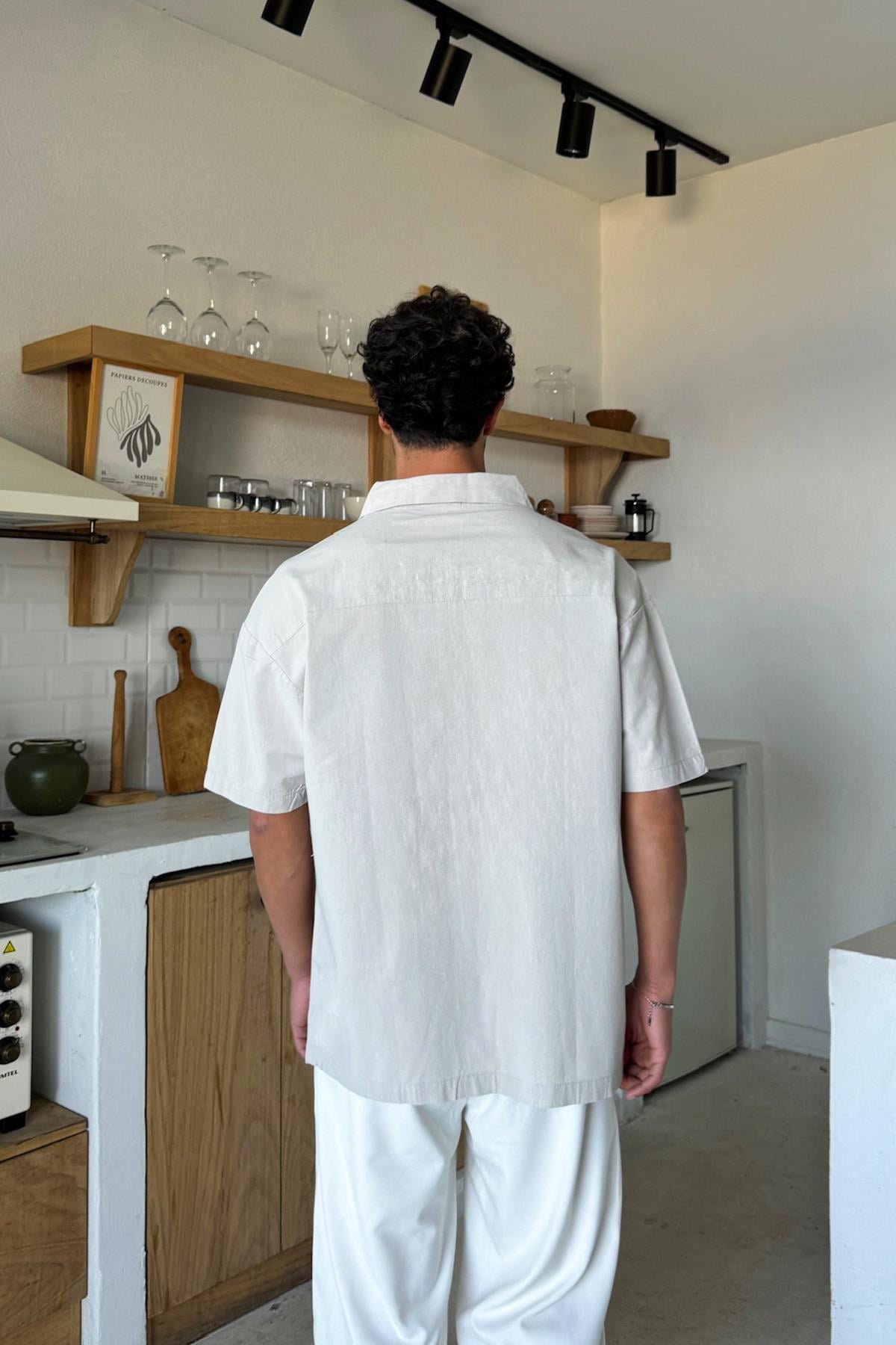 Linen Oversize Short-Sleeve Shirt, Stone Color