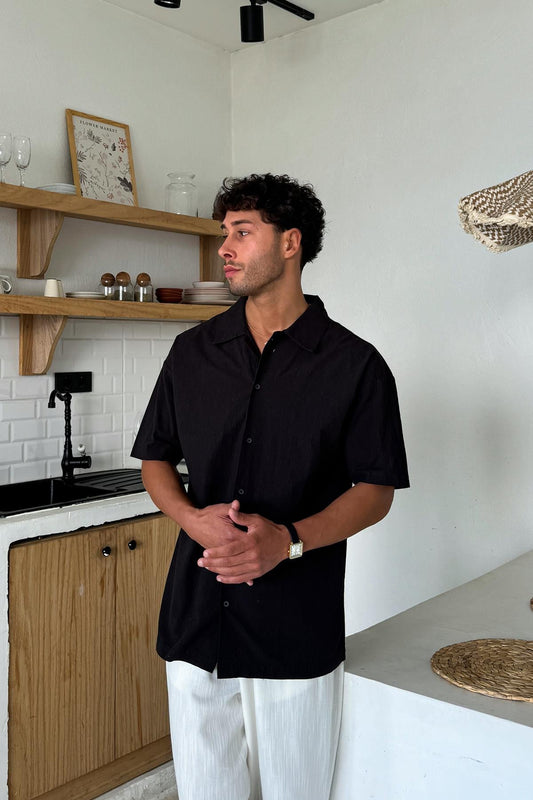 Linen Oversize Short Sleeve Shirt Black