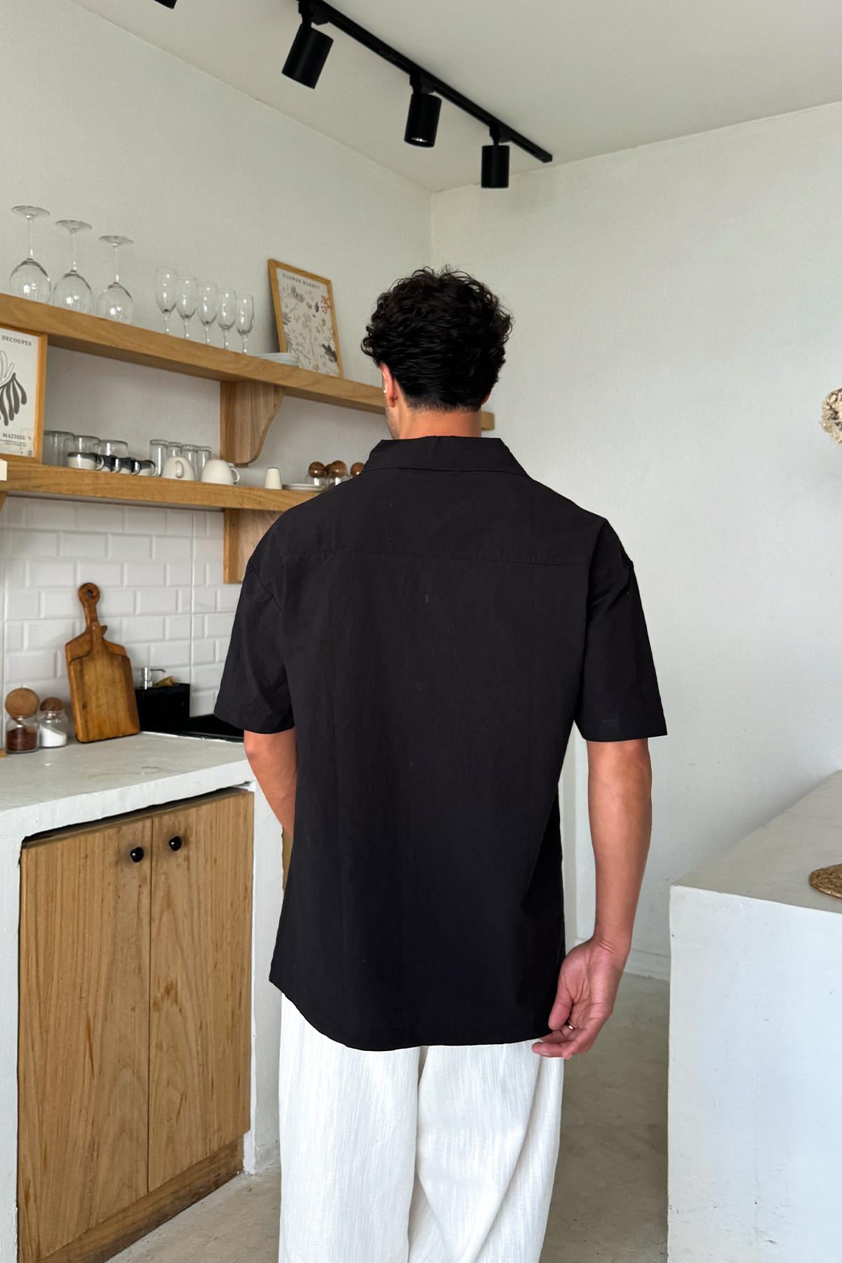 Linen Oversize Short Sleeve Shirt Black
