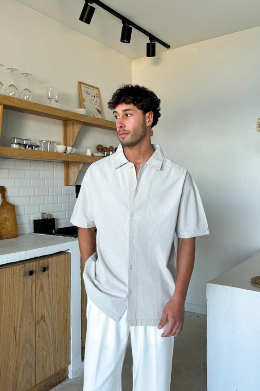 Linen Oversize Short-Sleeve Shirt, Stone Color