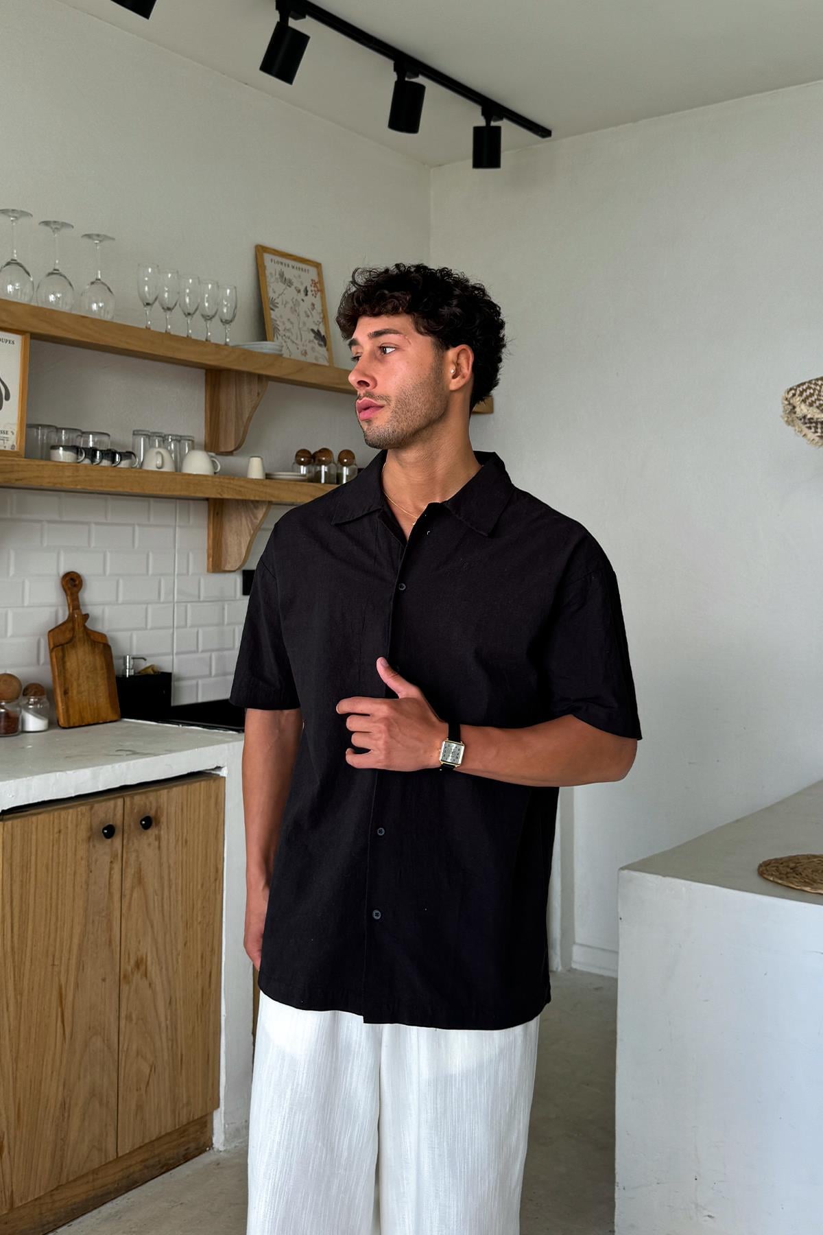 Linen Oversize Short Sleeve Shirt Black