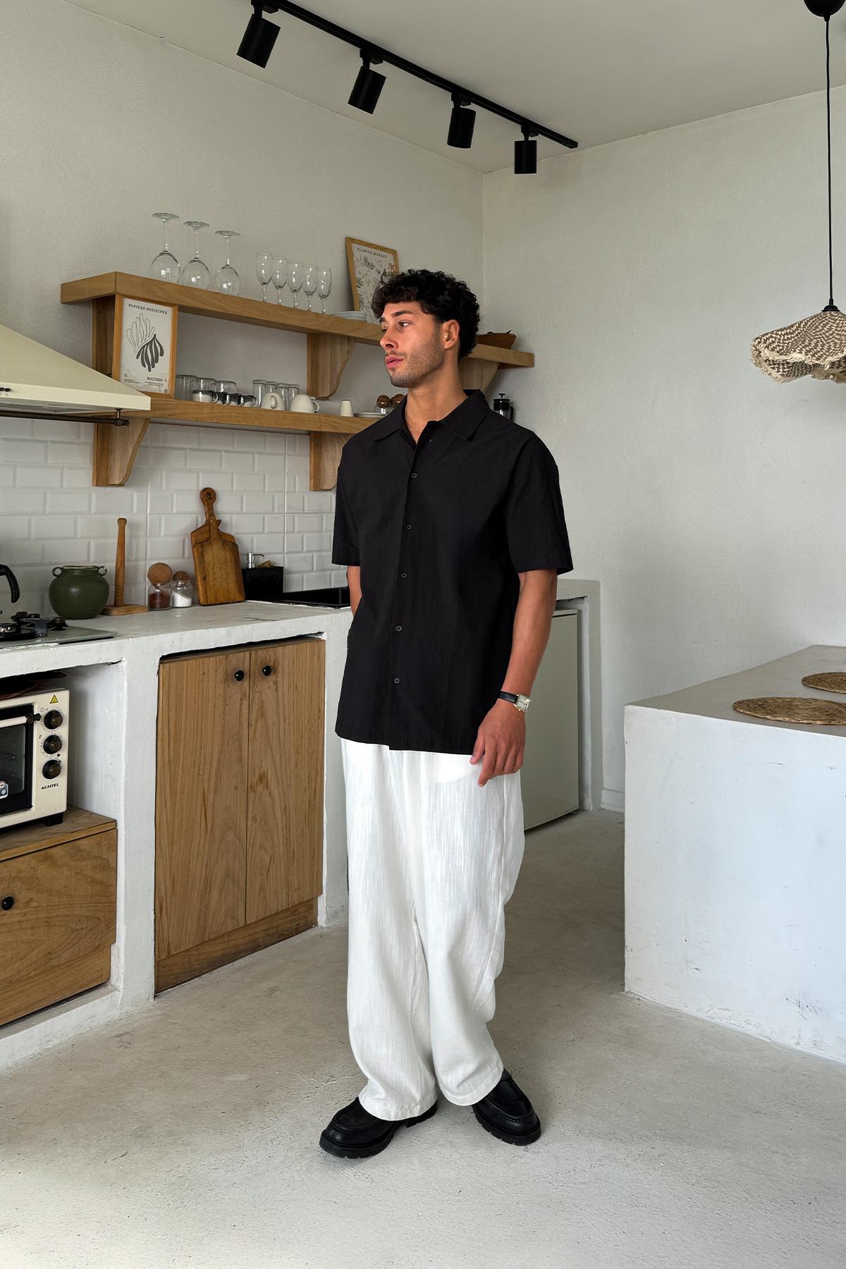 Linen Oversize Short Sleeve Shirt Black