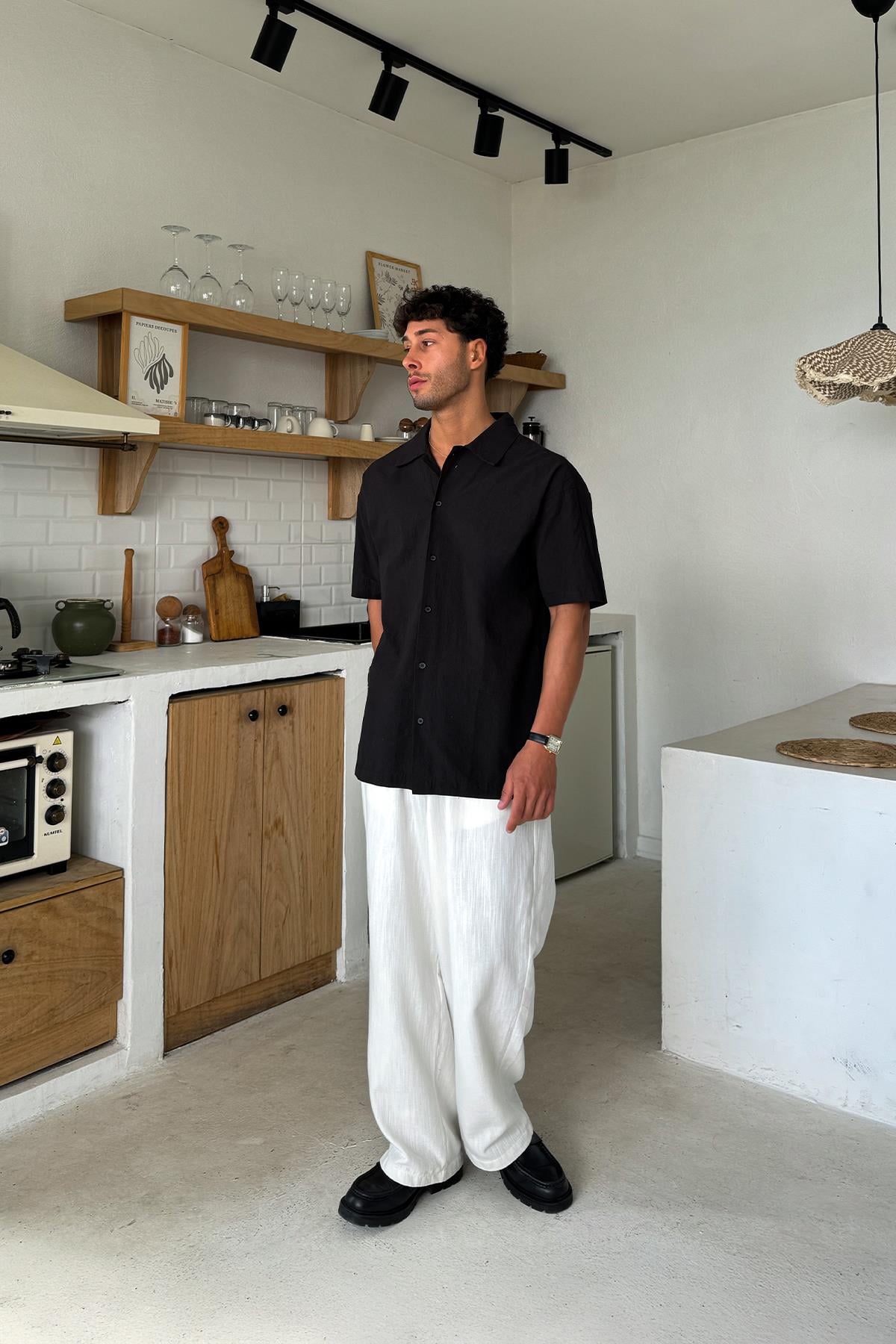 Linen Oversize Short Sleeve Shirt Black
