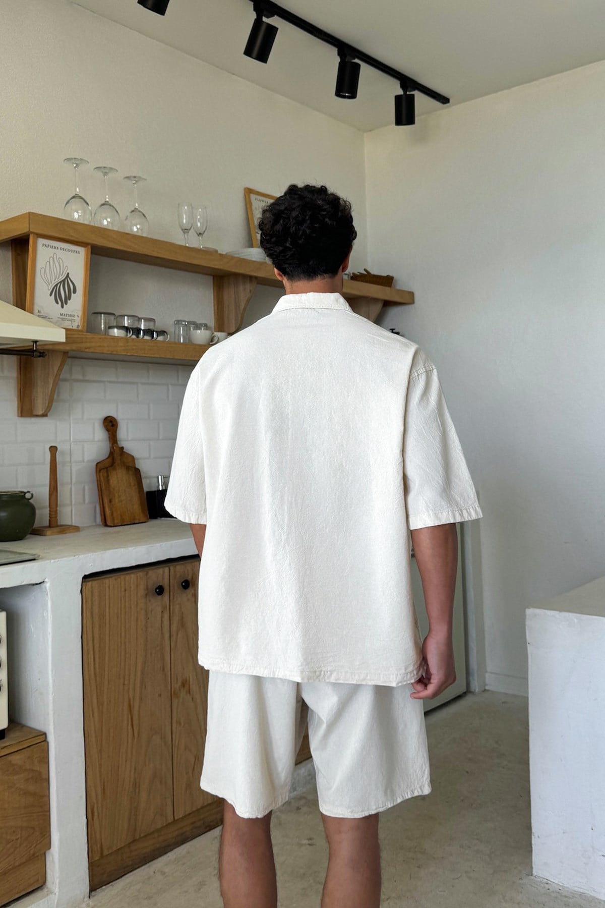 Cream Basic Oversize Short Sleeve Linen Shirt Beige