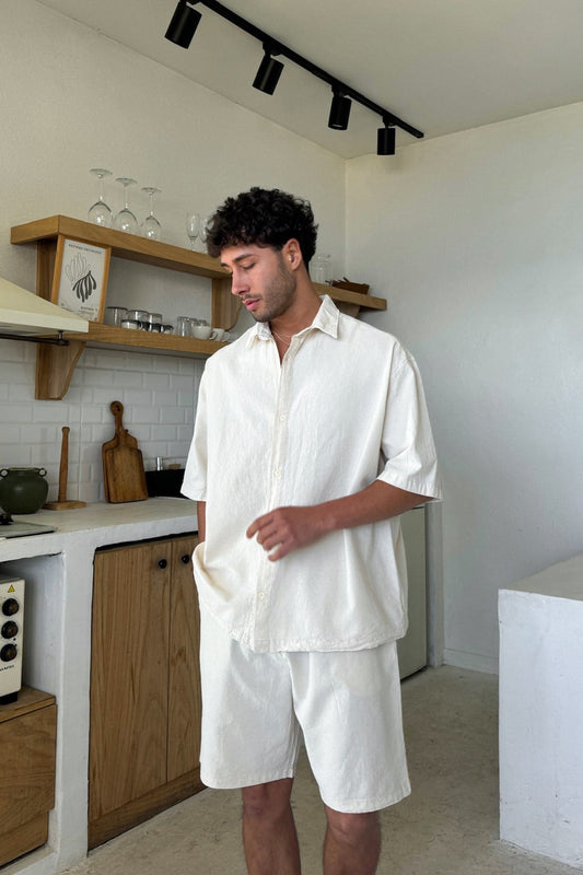 Cream Basic Oversize Short Sleeve Linen Shirt Beige