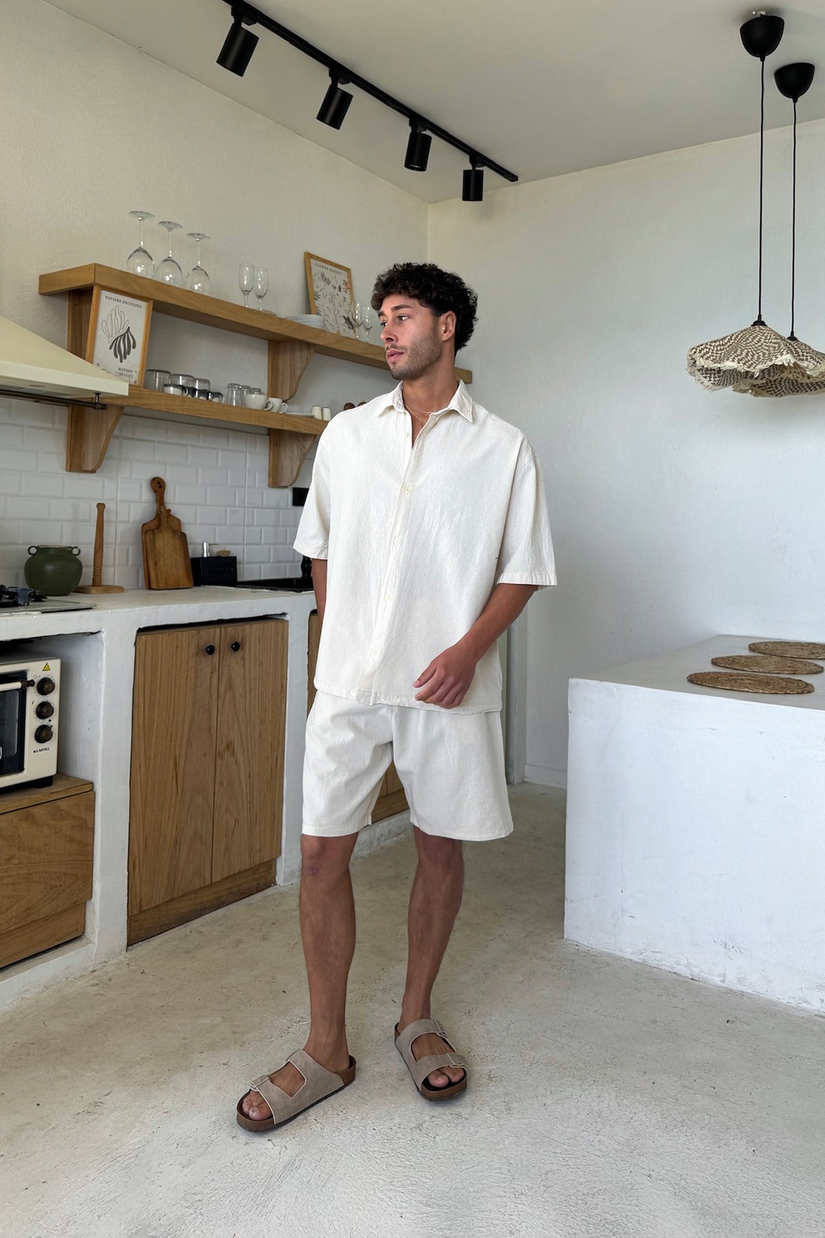 Cream Basic Oversize Short Sleeve Linen Shirt Beige