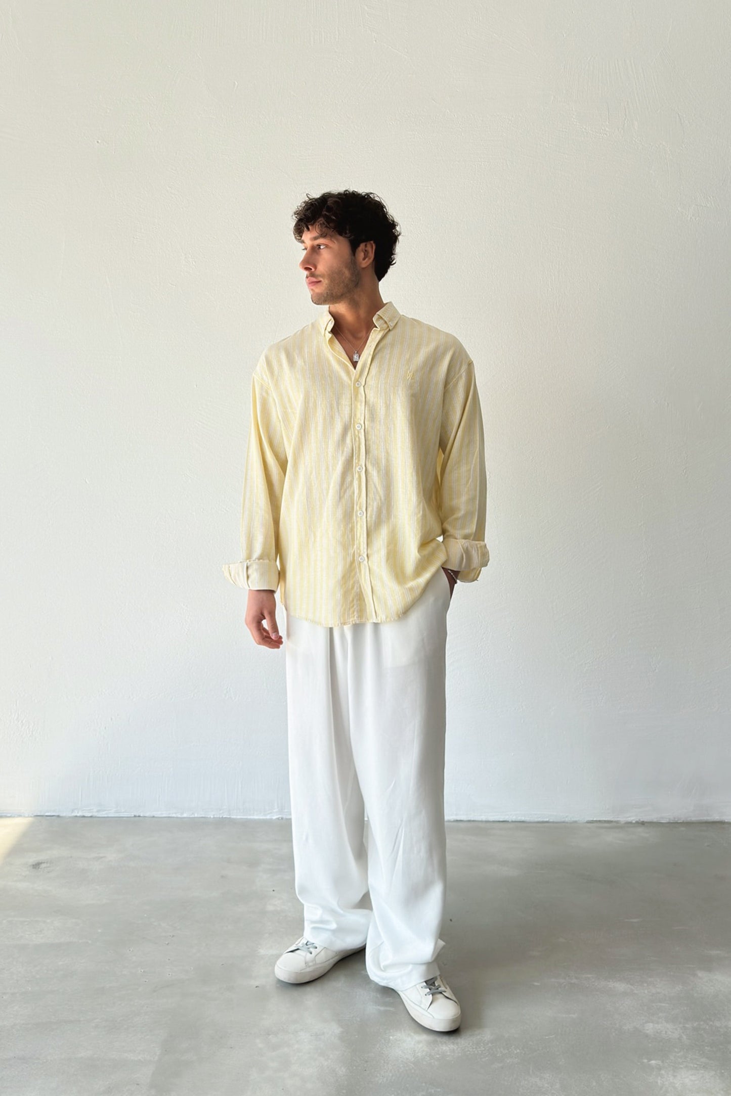 Makeba Embroidered Striped Yellow Linen Shirt
