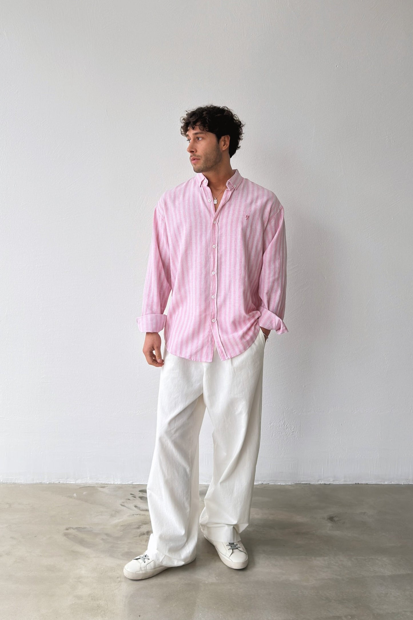 Makeba Embroidered Striped Pink Linen Shirt