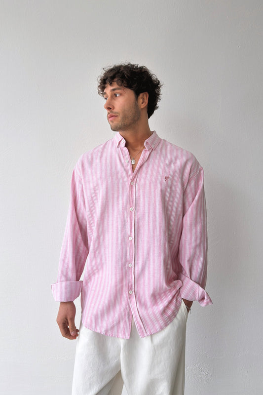 Makeba Embroidered Striped Pink Linen Shirt