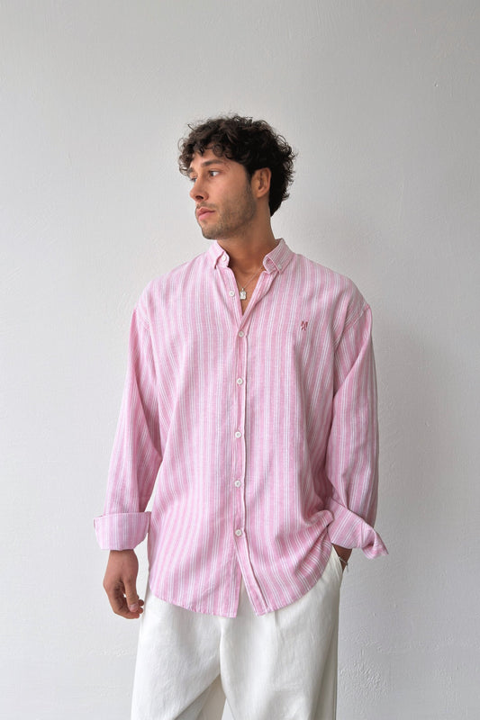 Makeba Embroidered Striped Pink Linen Shirt