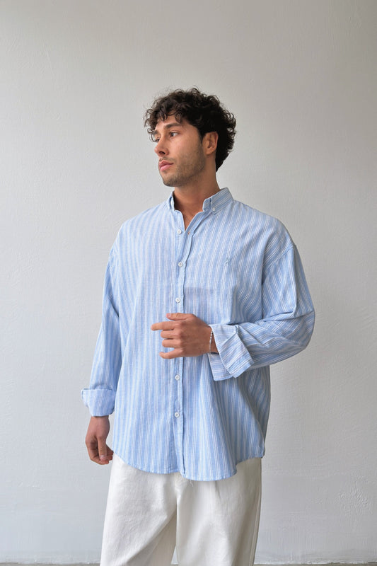 Makeba Embroidered Striped Blue Linen Shirt