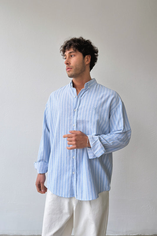 Makeba Embroidered Striped Blue Linen Shirt