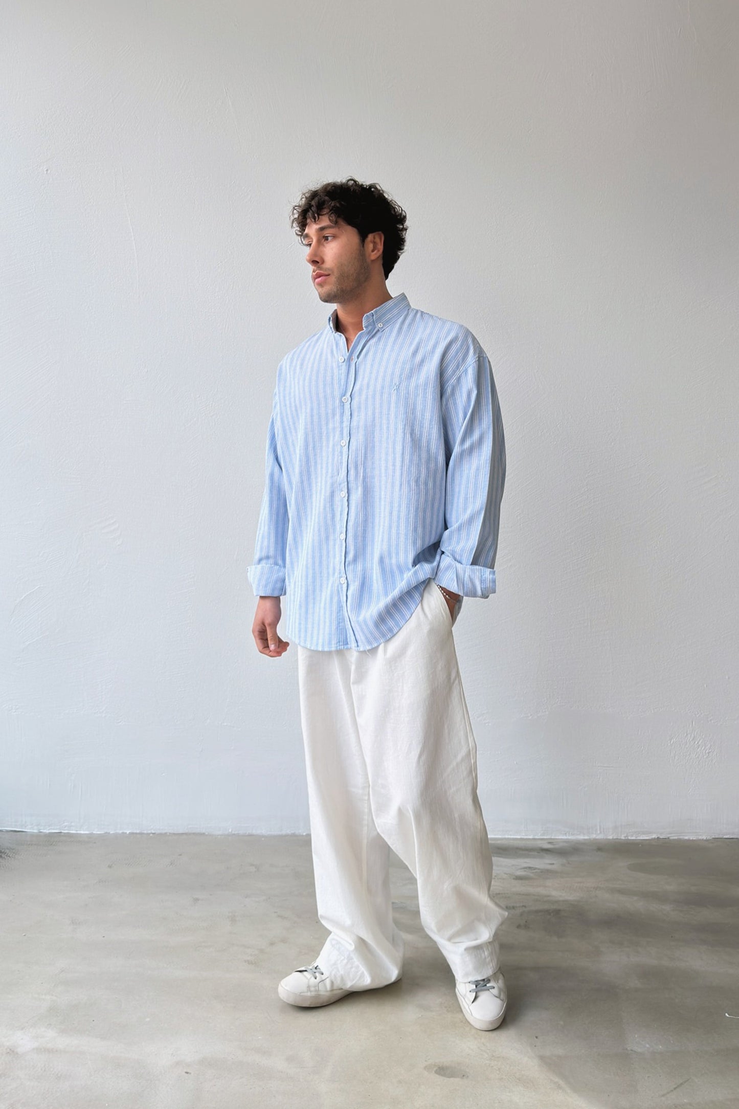 Makeba Embroidered Striped Blue Linen Shirt