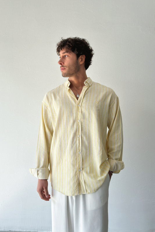 Makeba Embroidered Striped Yellow Linen Shirt