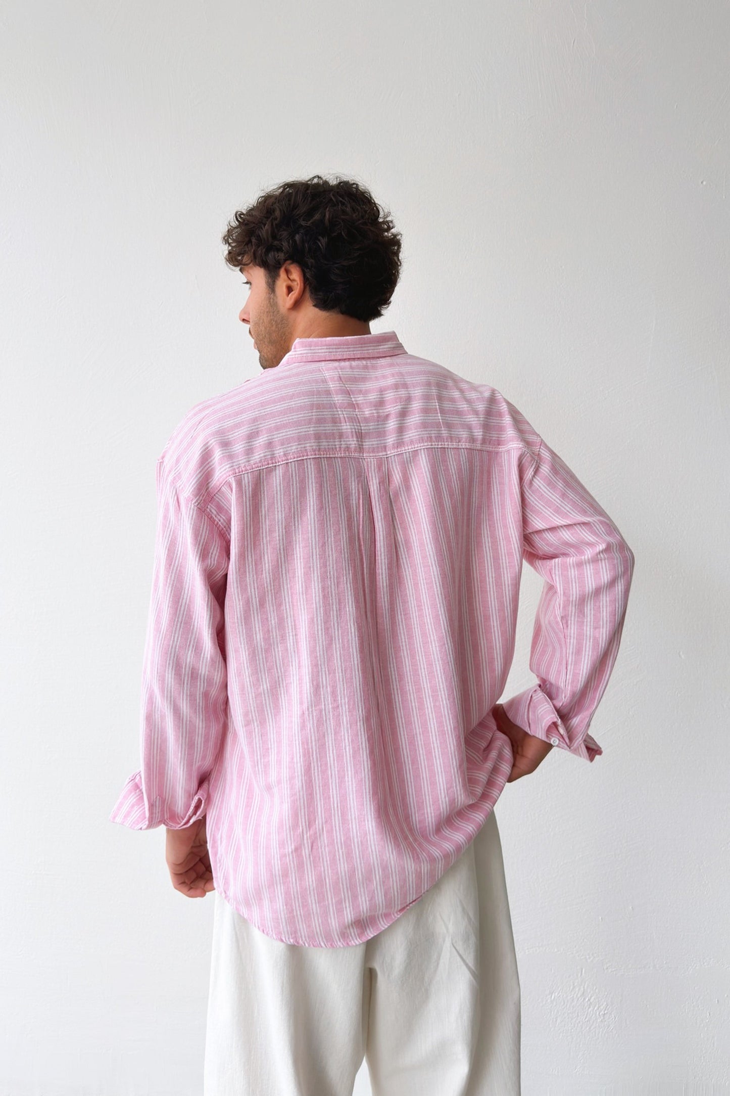 Makeba Embroidered Striped Pink Linen Shirt