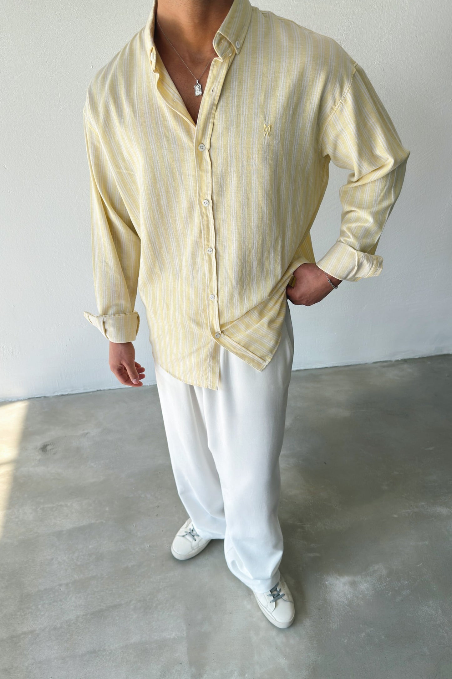 Makeba Embroidered Striped Yellow Linen Shirt
