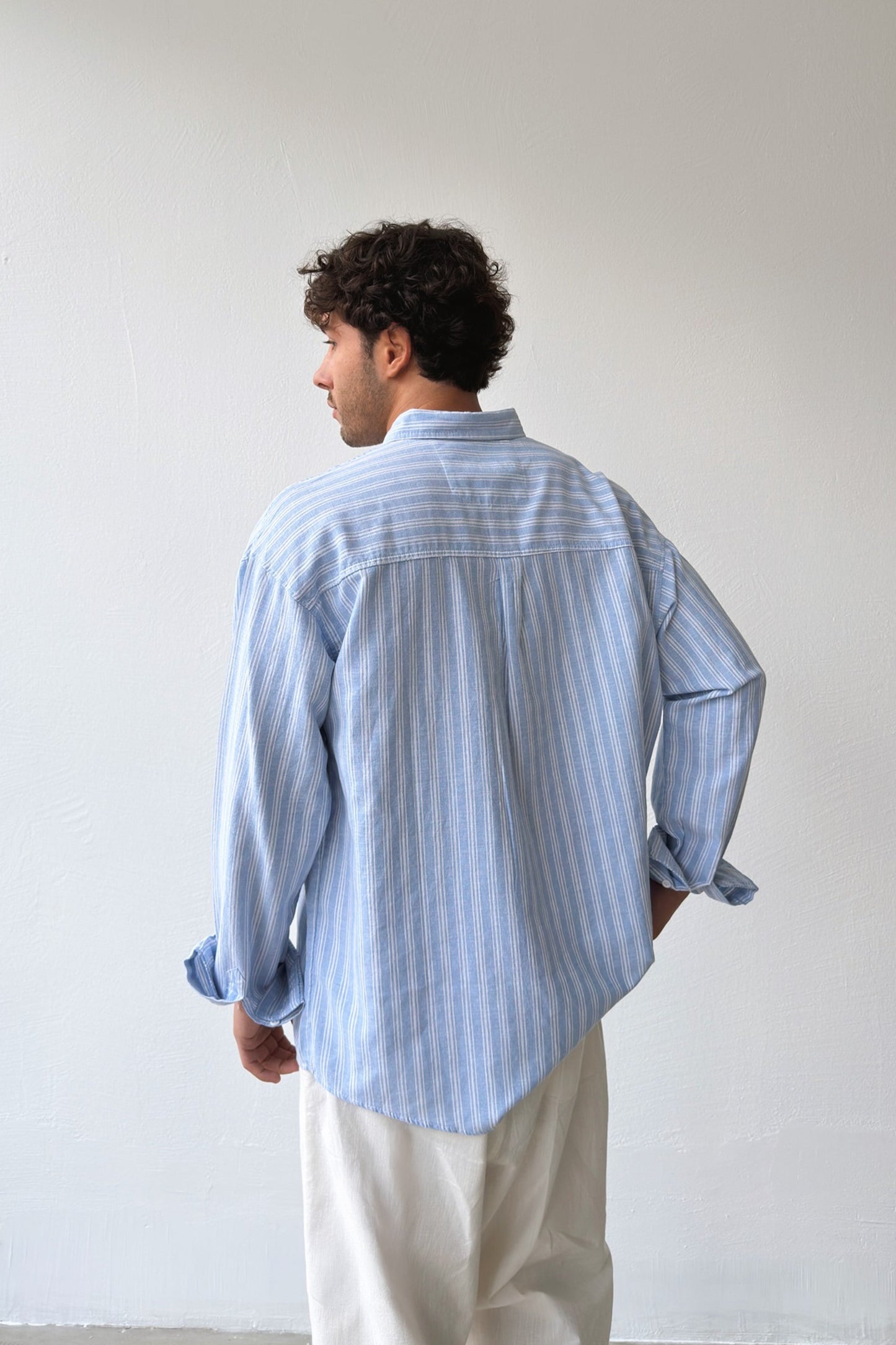 Makeba Embroidered Striped Blue Linen Shirt
