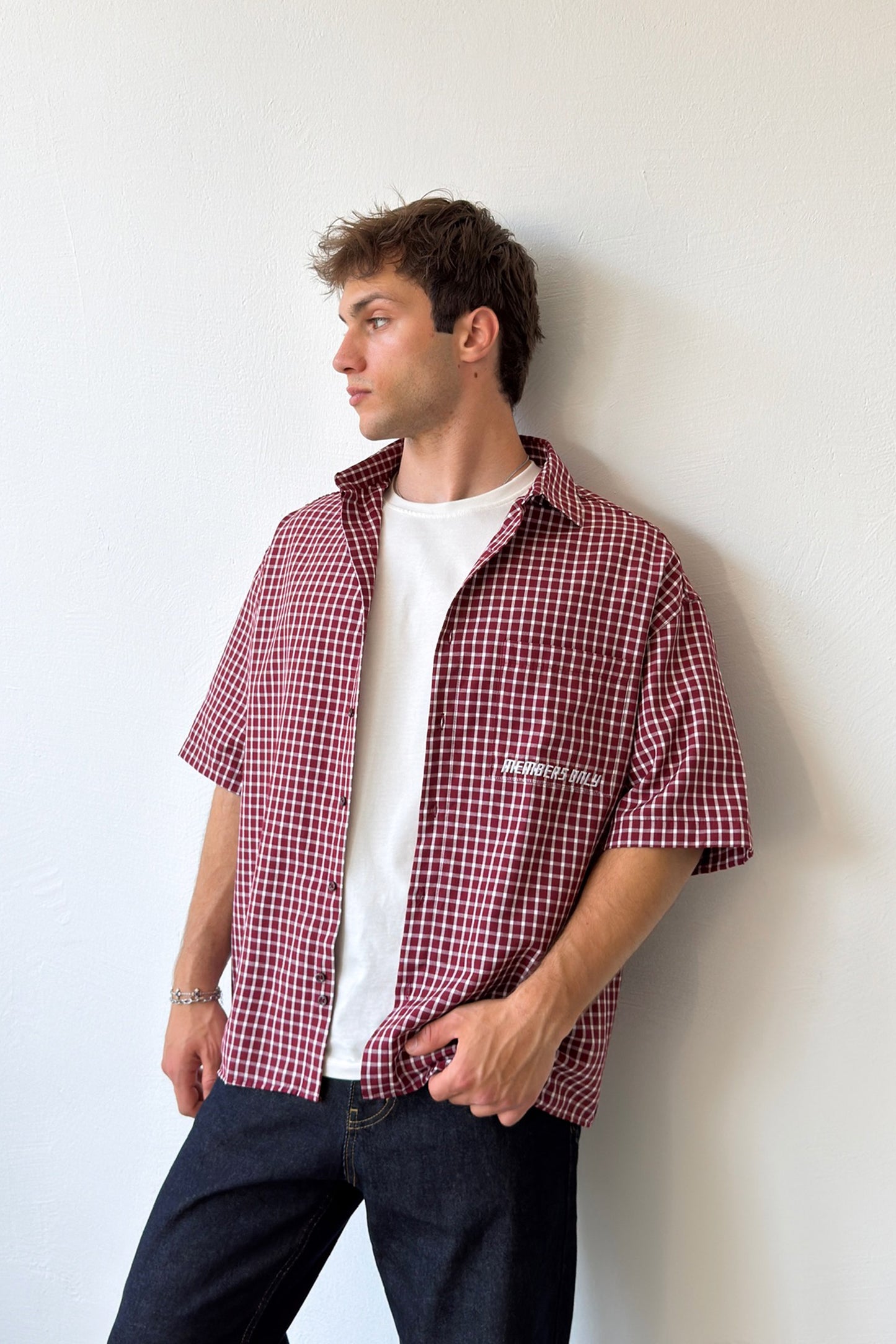 Members Embroidered Plaid Short Sleeve Poplin Shirt
