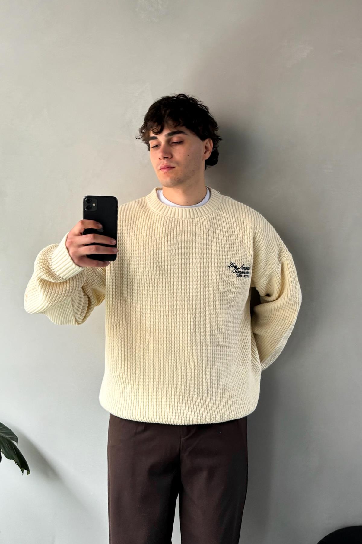 Minimalist Embroidered Crew Neck Sweater, Beige