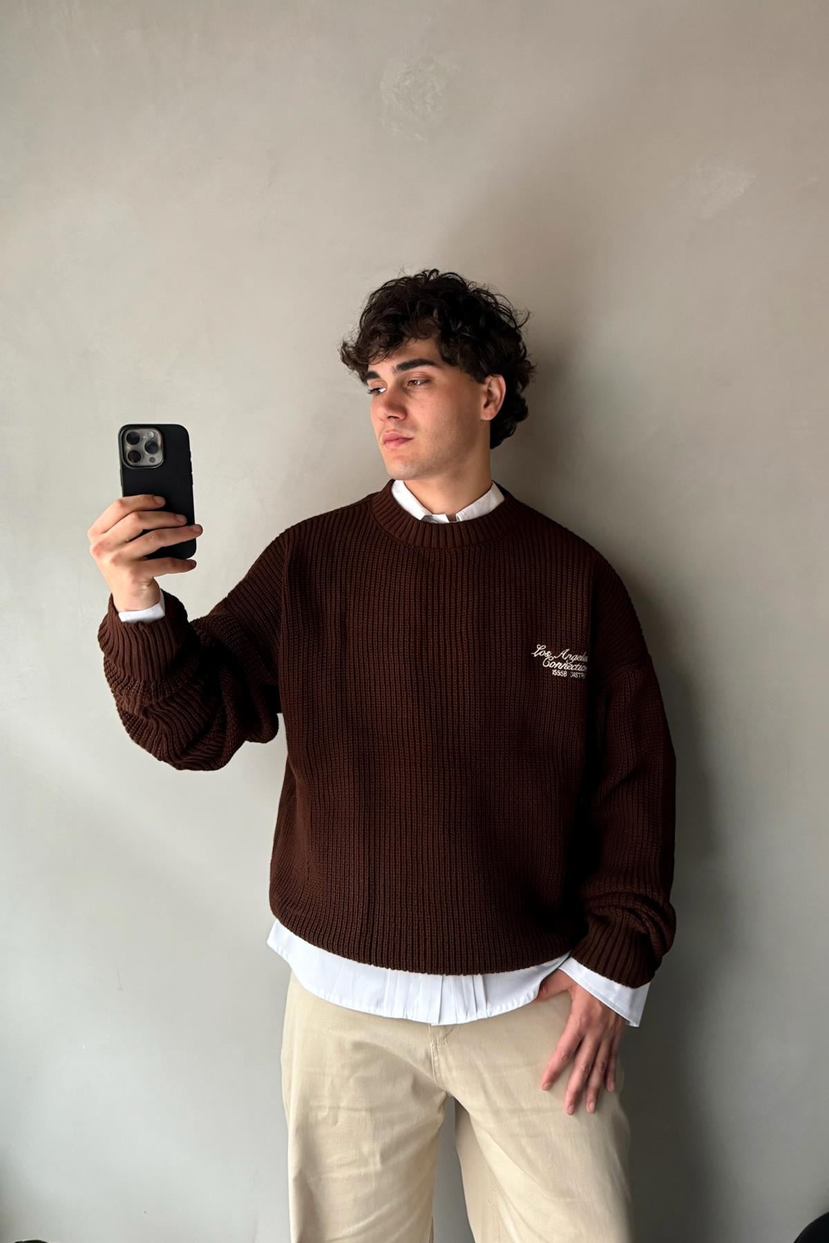 Minimalist Embroidered Crew Neck Sweater, Brown