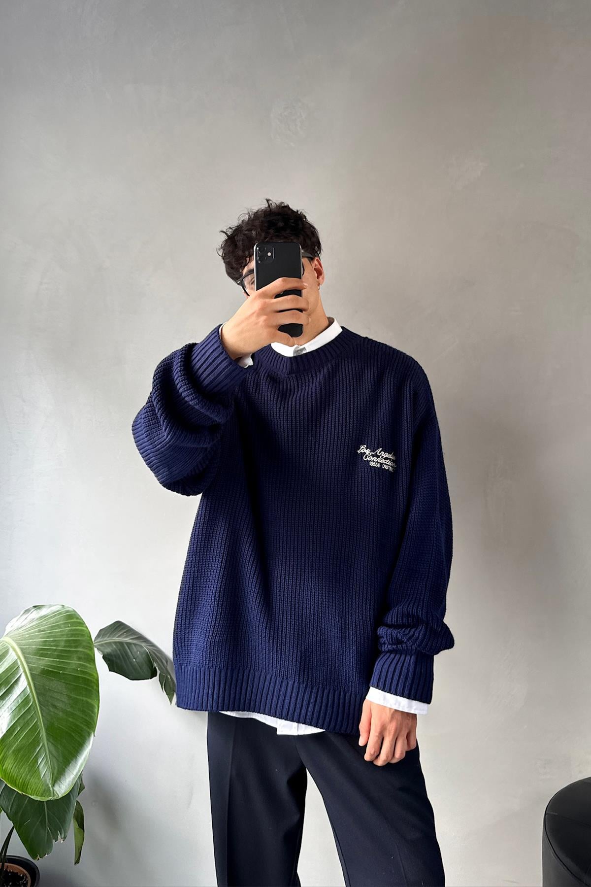 Minimalist Embroidered Crew Neck Sweater, Navy Blue