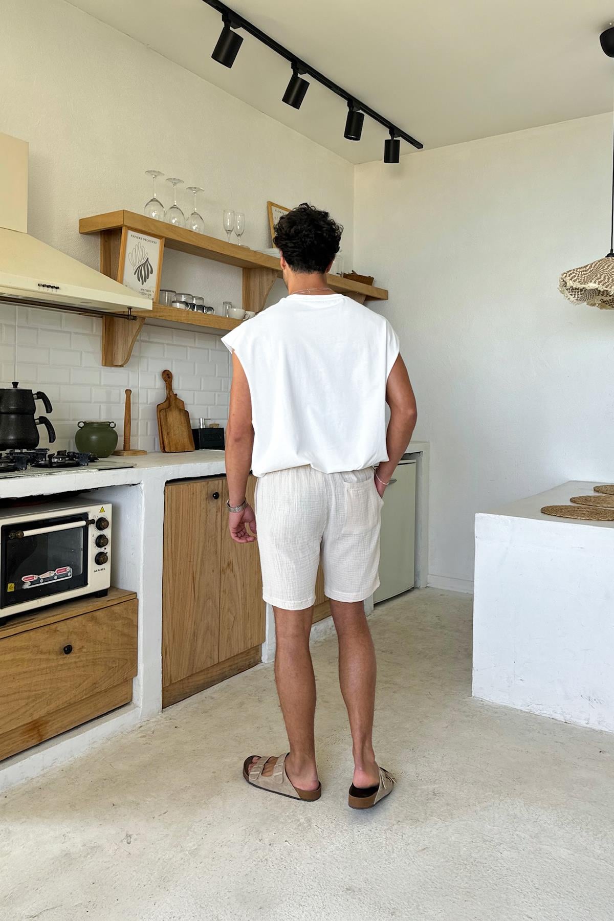Cream Muslin Shorts with Elastic Waistband, Beige