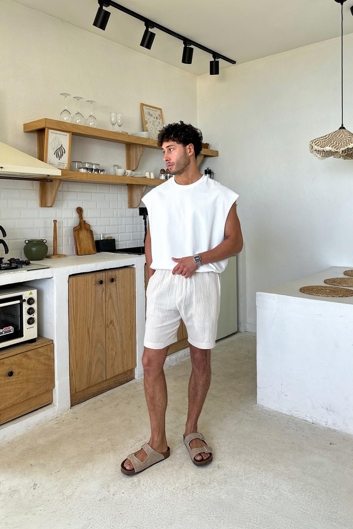 Cream Muslin Shorts with Elastic Waistband, Beige