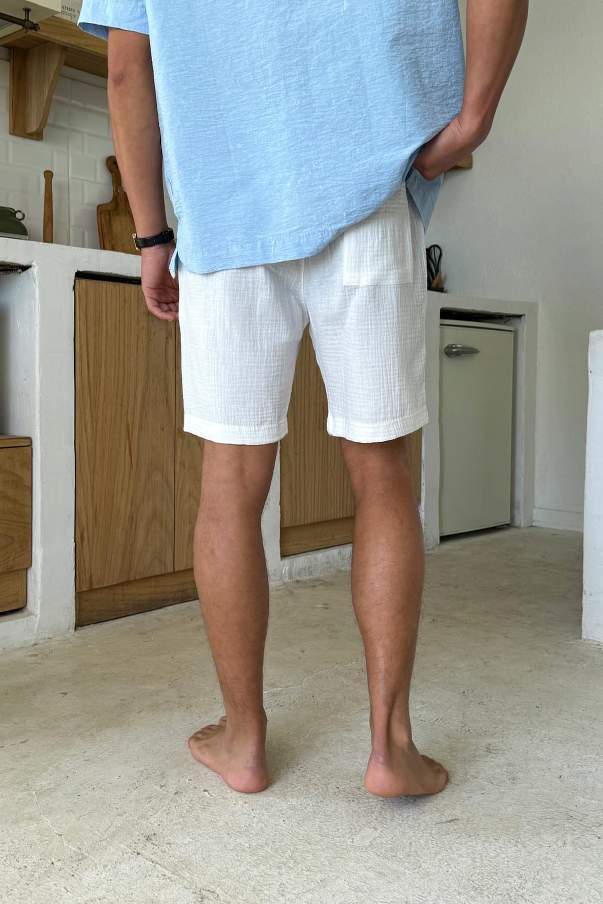 Muslin Fabric Shorts with Elastic Waistband, White