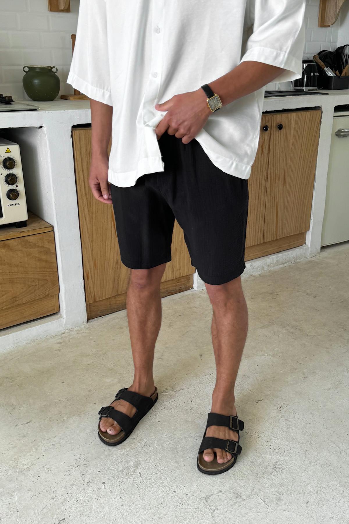 Muslin Fabric Shorts with Elastic Waistband, Black