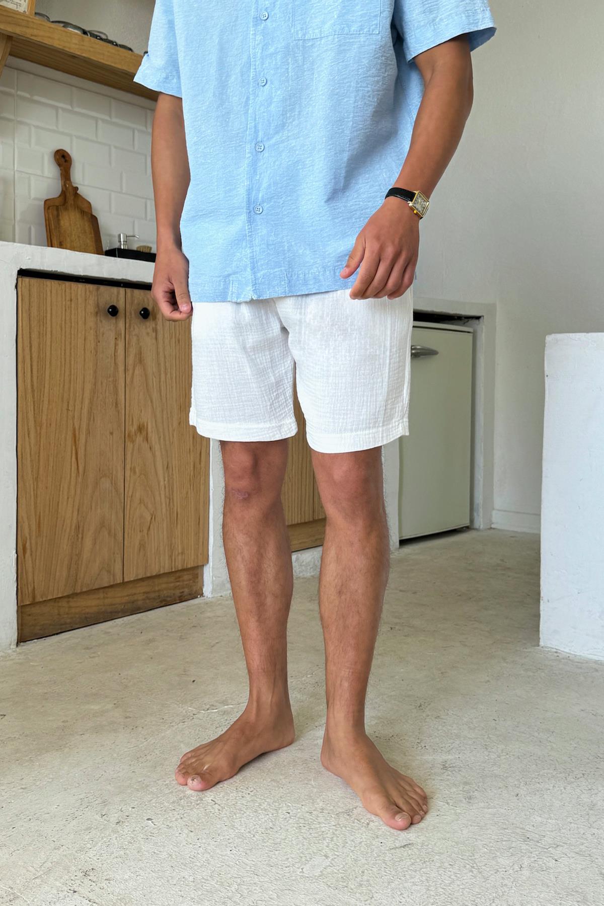 Muslin Fabric Shorts with Elastic Waistband, White