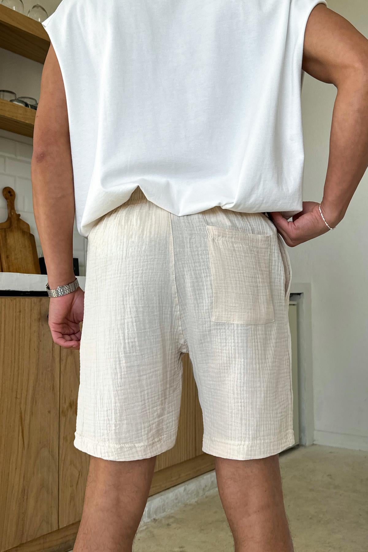 Cream Muslin Shorts with Elastic Waistband, Beige