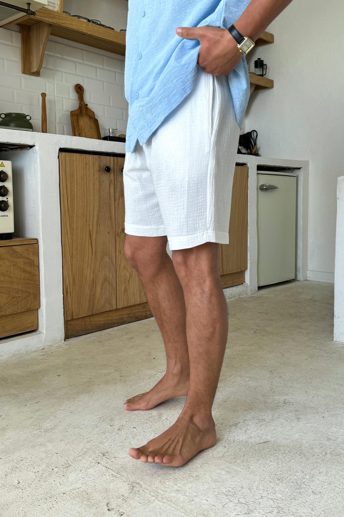 Muslin Fabric Shorts with Elastic Waistband, White