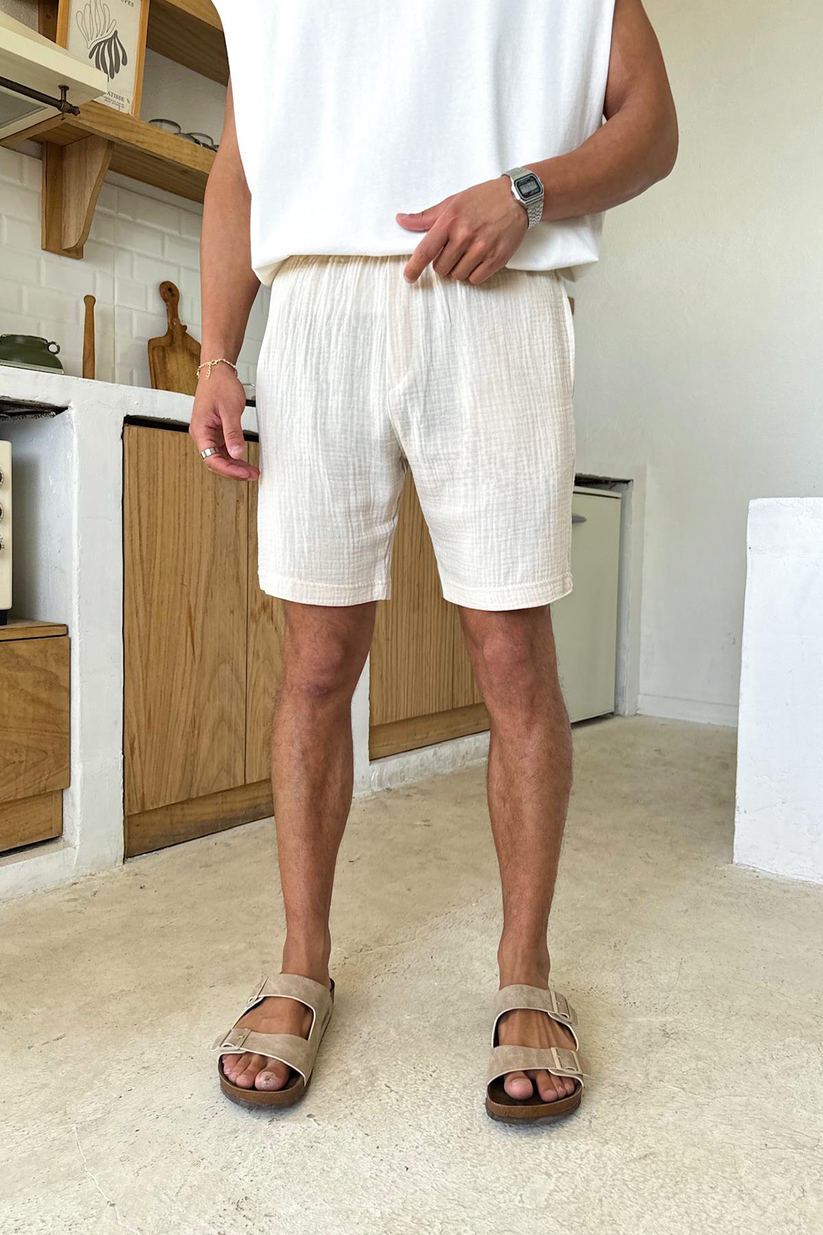 Cream Muslin Shorts with Elastic Waistband, Beige