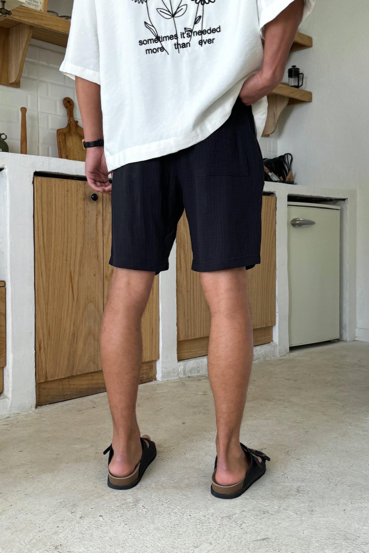Muslin Fabric Shorts with Elastic Waistband, Black