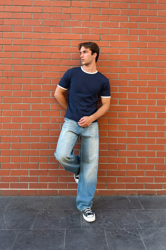 Navy Blue Ecru Ringer Tee