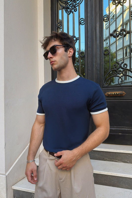 Navy Blue Ecru Ringer Tee