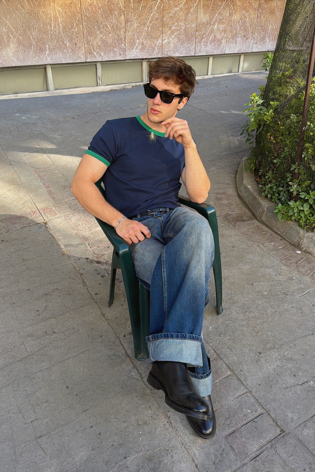 Navy Blue Green Ringer Tee