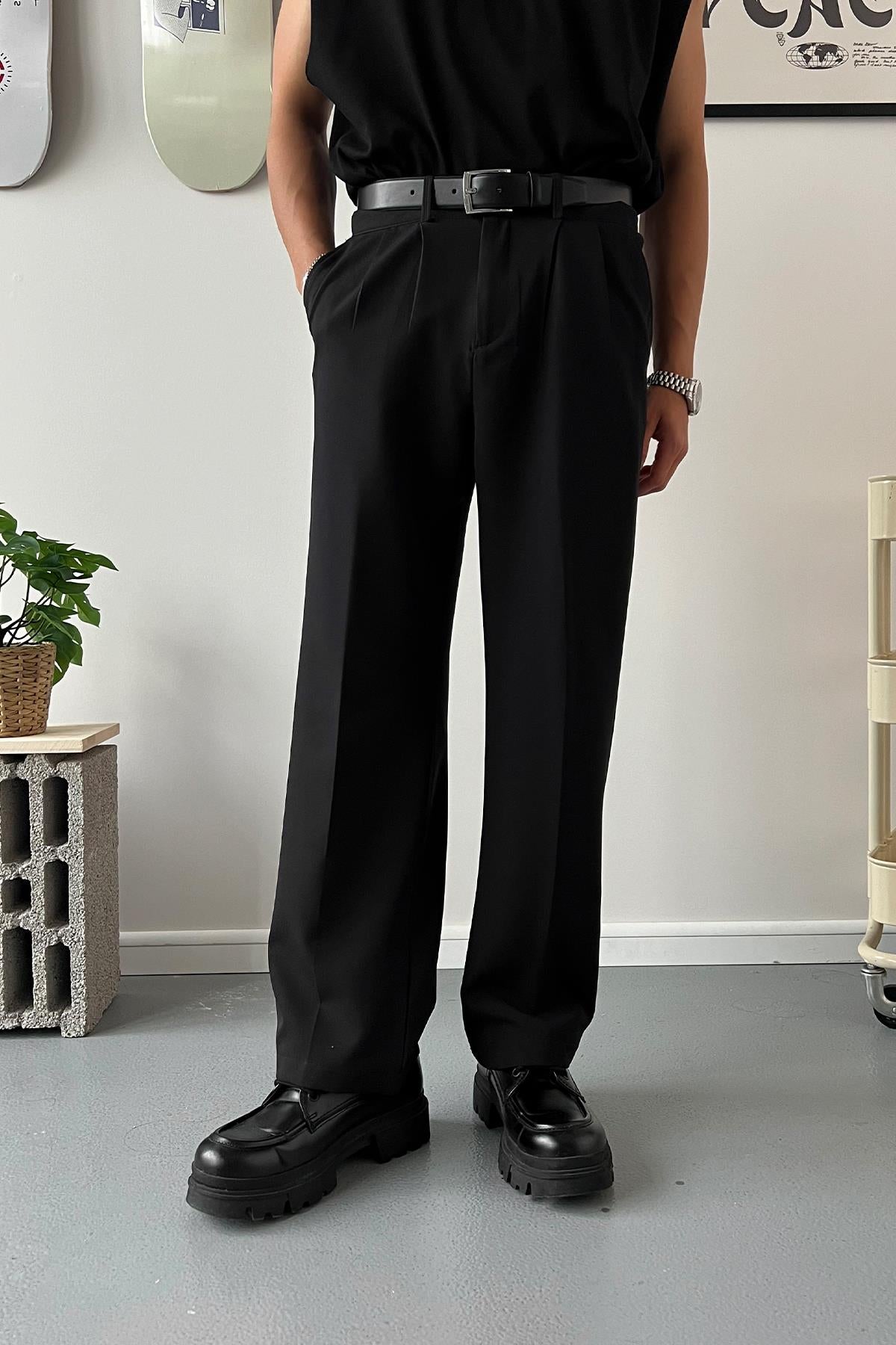 Old Money Extra Comfortable Baggy Fit Fabric Trousers Black