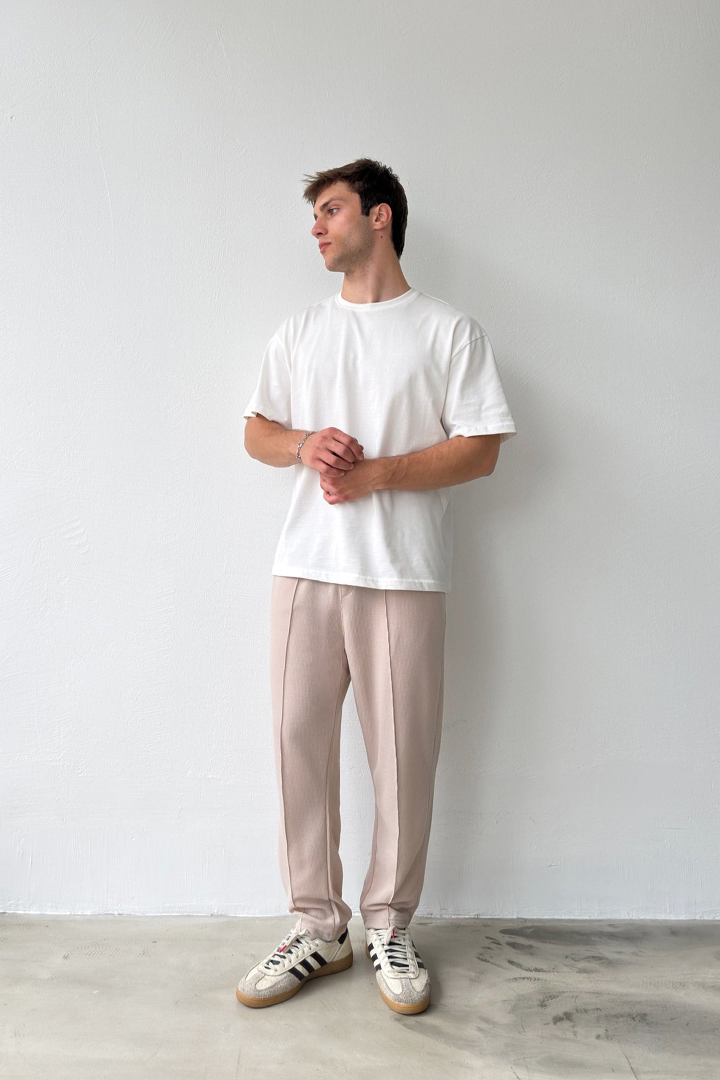 Pants with Front Seam Detail and Elastic Waistband