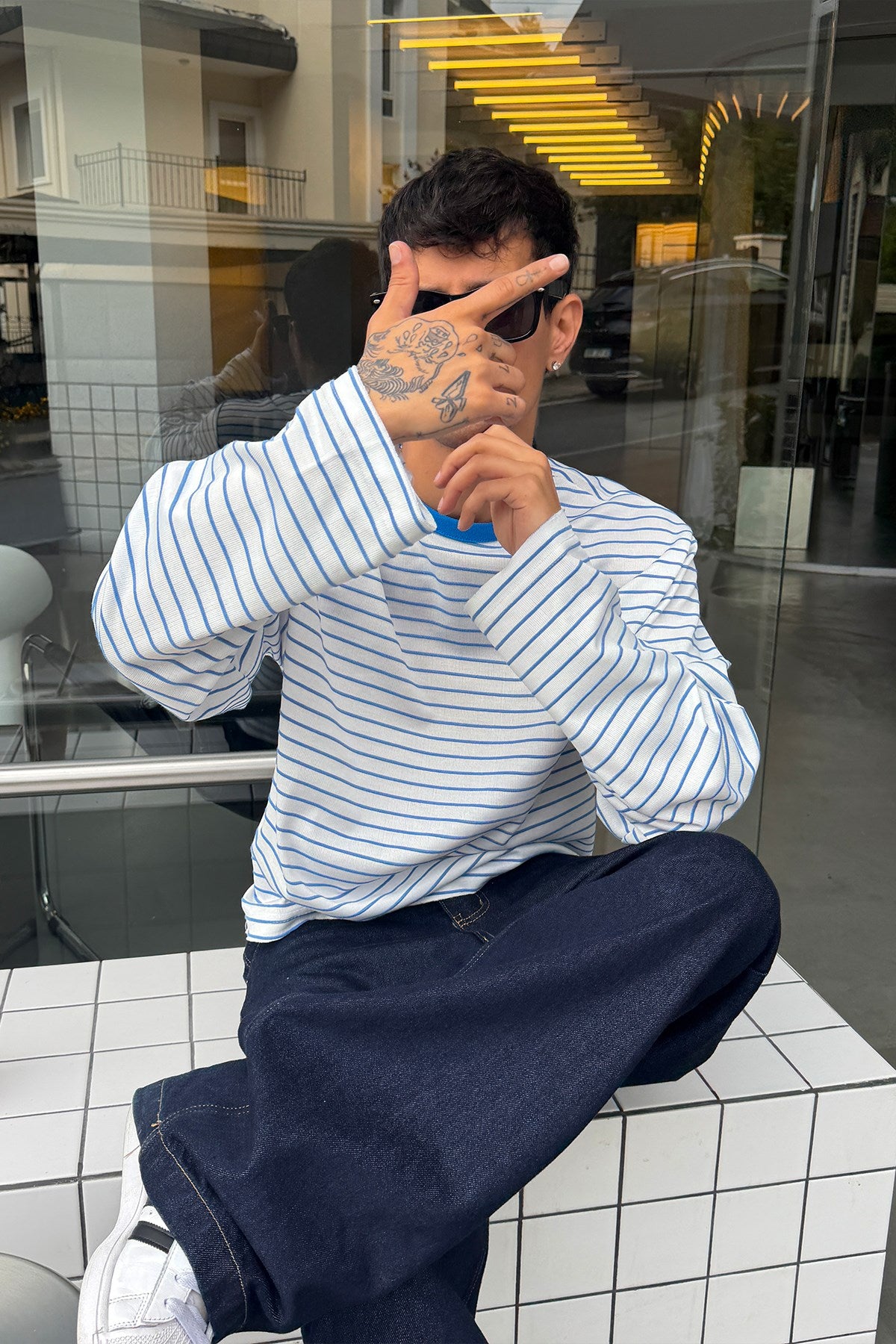 Pier Blue Boxy Fit Stripe Tee