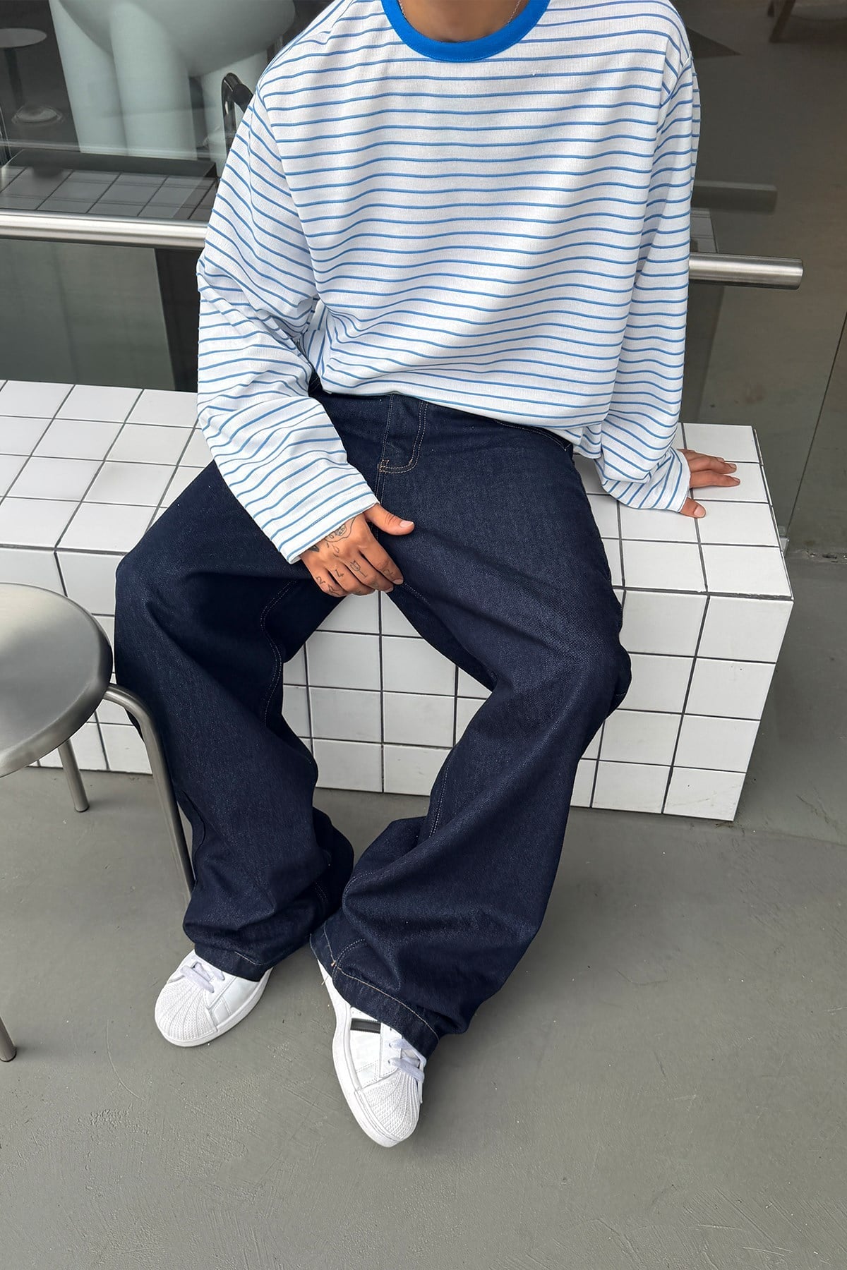 Pier Blue Boxy Fit Stripe Tee