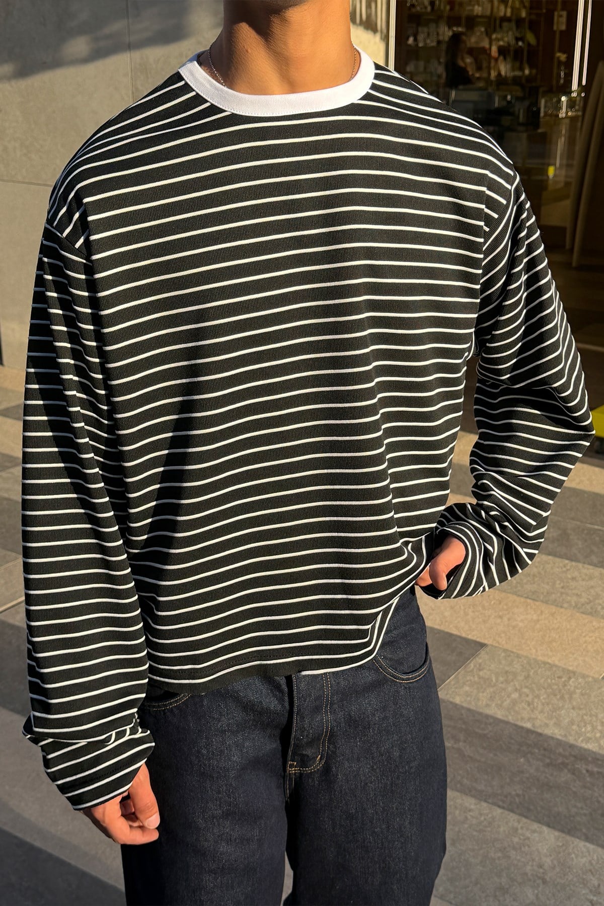 Pier Black Boxy Fit Stripe Tee