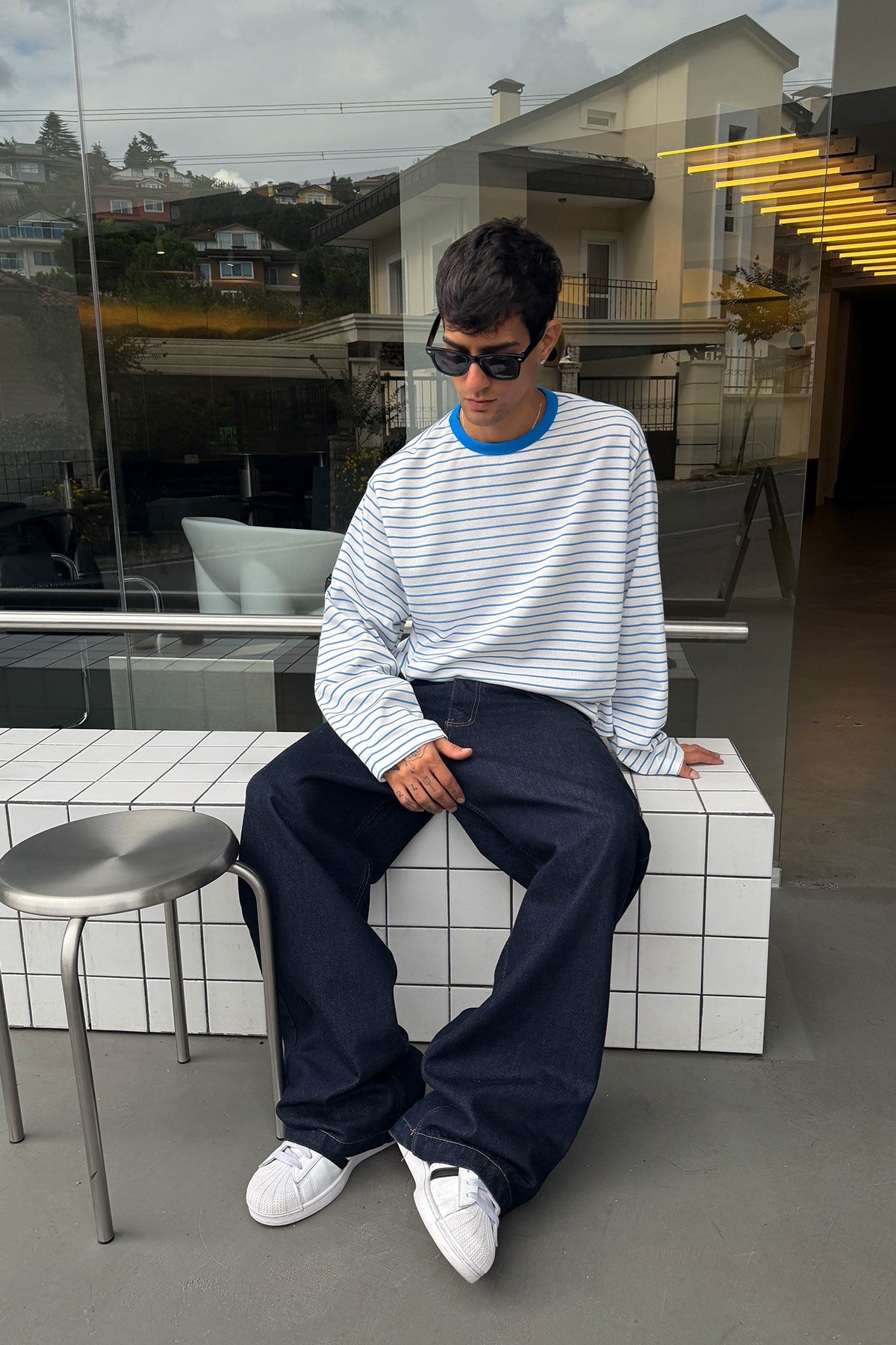 Pier Blue Boxy Fit Stripe Tee