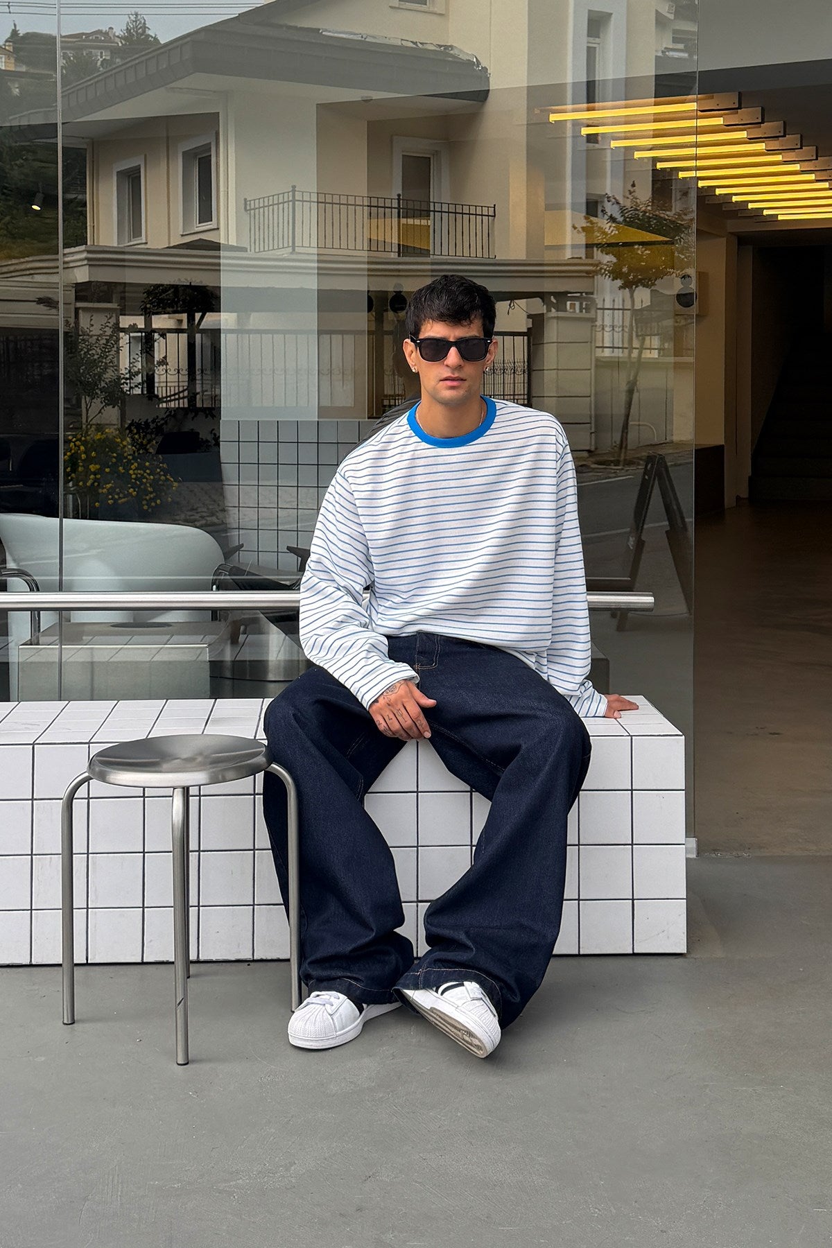 Pier Blue Boxy Fit Stripe Tee
