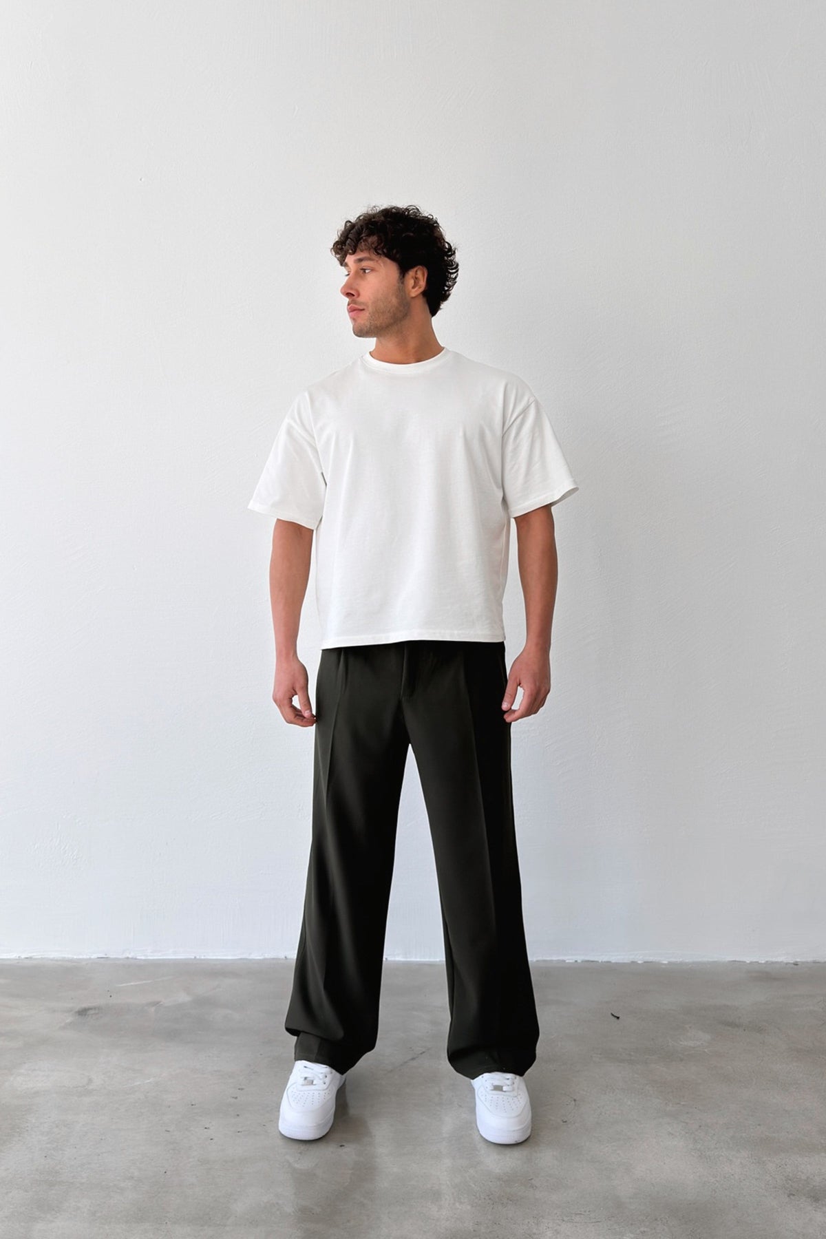 Pleated Baggy Fit Fabric Green Trousers