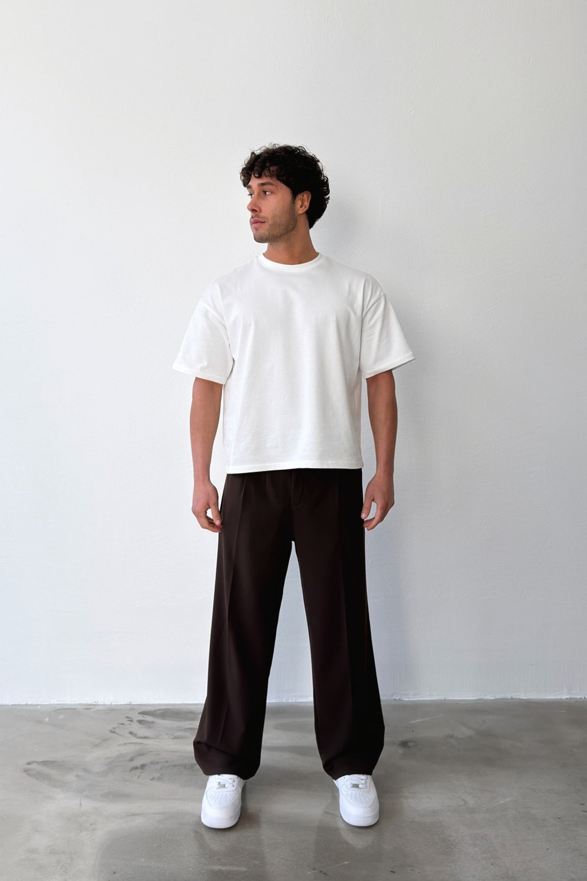 Pleated Baggy Fit Fabric Brown Trousers