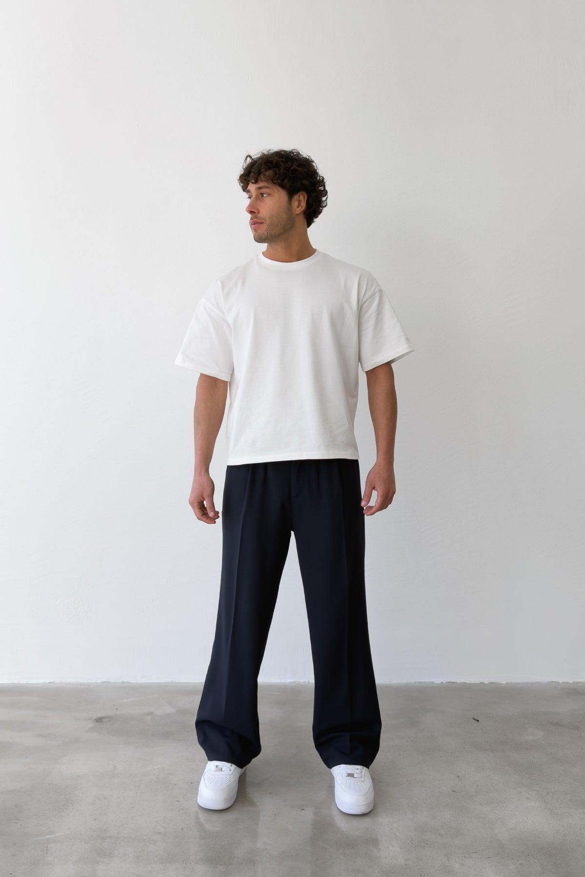Pleated Baggy Fit Fabric Navy Blue Trousers