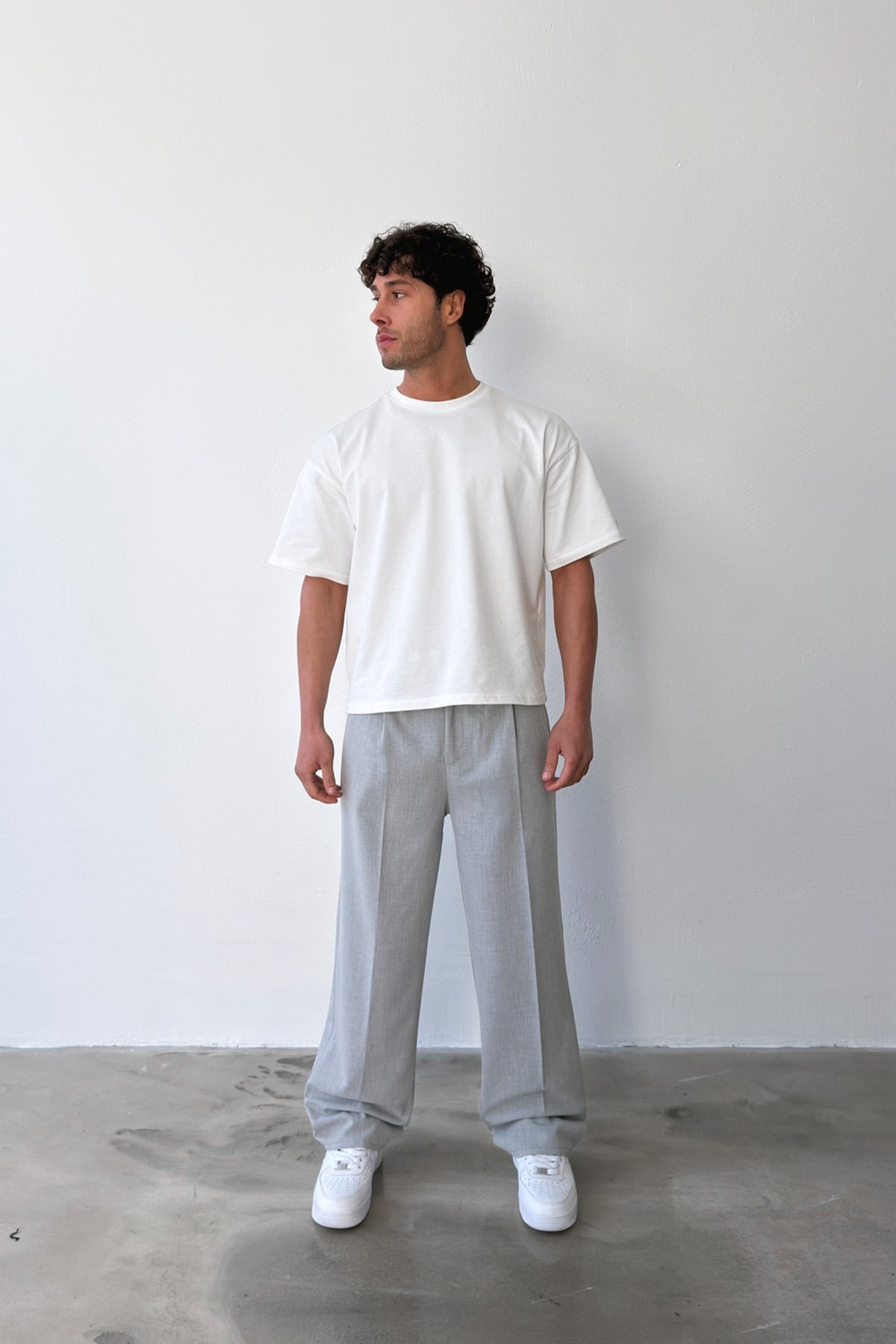 Pleated Baggy Fit Fabric Grey Trousers