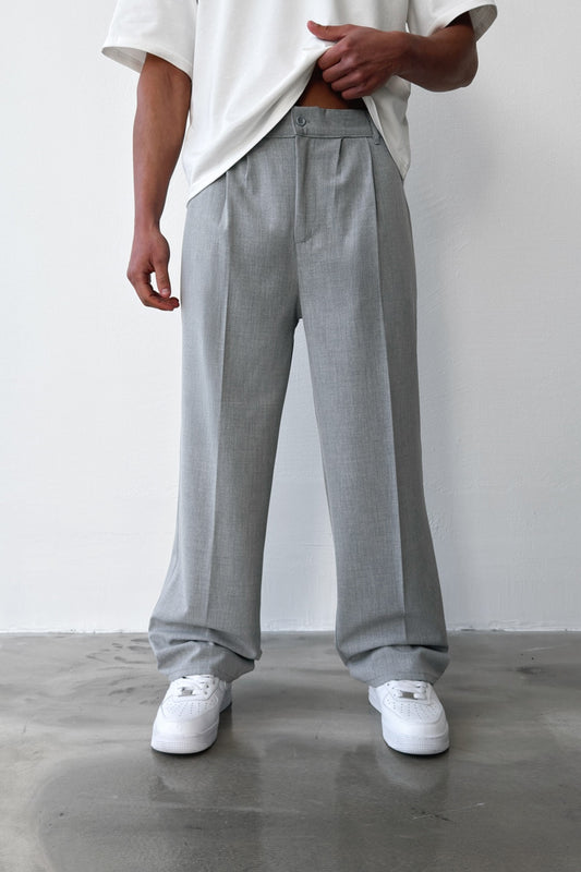 Pleated Baggy Fit Fabric Grey Trousers