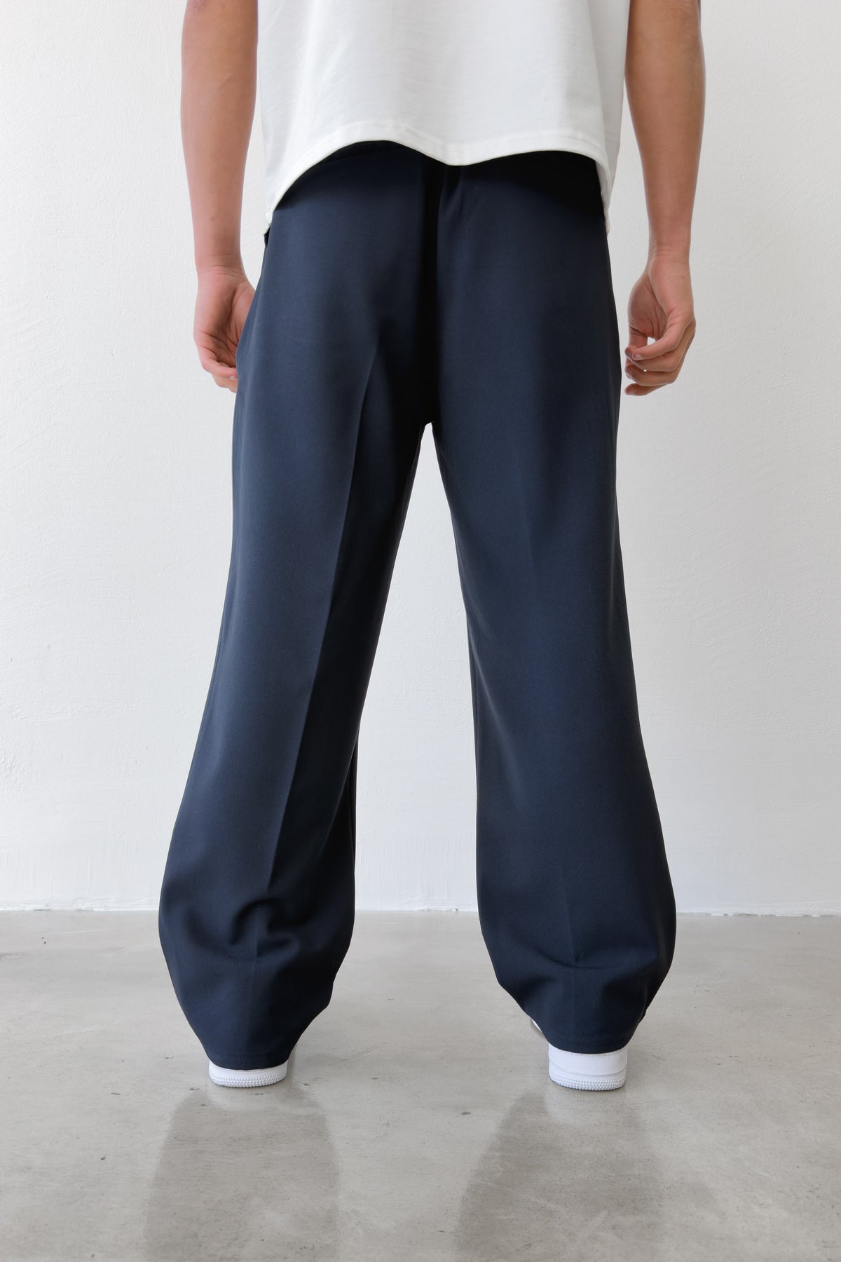 Pleated Baggy Fit Fabric Navy Blue Trousers